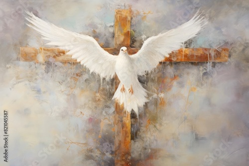 An inspiring painting of a cross, a crown, and a dove, representing the holy trinity of Christian symbols The artwork features soft, ethereal colors and delicate brushstrokes, emphasizing the spiritua photo