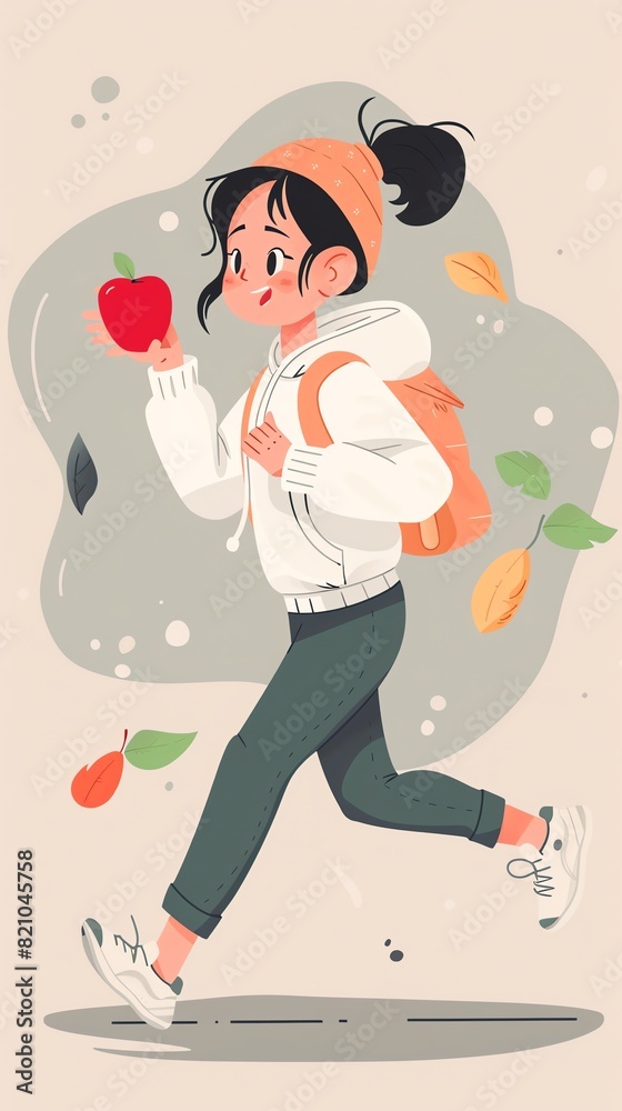 An apple a day keeps the doctor away Show someone enjoying a healthy lifestyle, eating fruits and exercising An apple a day keeps the doctor away Show someone enjoying a healthy lifestyle, eating fruits and exercising
