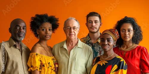 Multigenerational family posing together for a warm portrait against a bold orange background