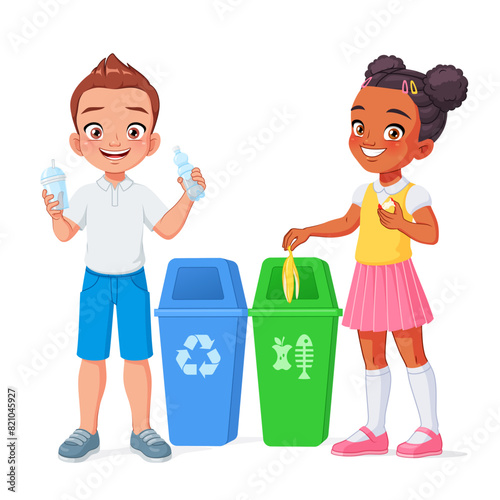 Kids throwing plastic and organic waste in separate trash bins with recycle and food leftover sign. Vector illustration.