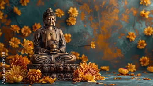 gold buddha statue and yellow lotus flowers on empty dark background with copy space yoga meditation and relaxation time.illustration stock image