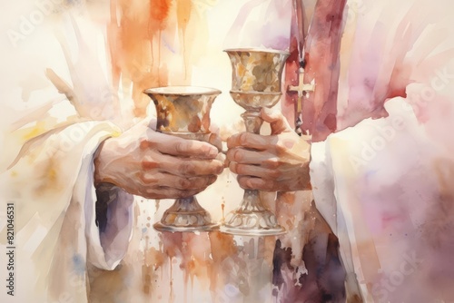 A serene watercolor painting depicting a pair of hands reverently holding a chalice during Holy Communion The artwork uses soft, warm colors and fluid brushstrokes to create a peaceful and spiritual a photo