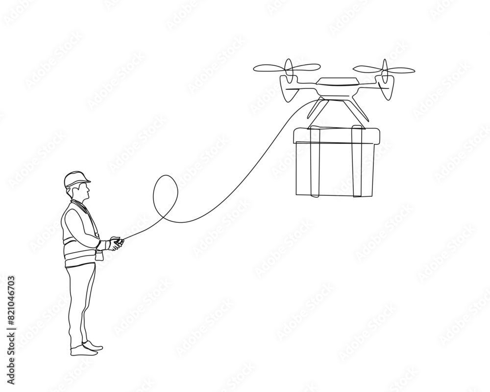 Continuous one line drawing of man flying delivery drone. Delivery cargo drone single outline vector design. Editable stroke.