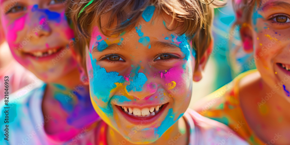 A group of children are covered in colorful paint and are smiling. Scene is happy and playful. holi festival with happy kids, close up