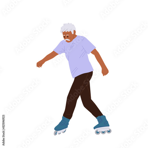 Old retired man cartoon character learning to ride roller skates isolated on white background