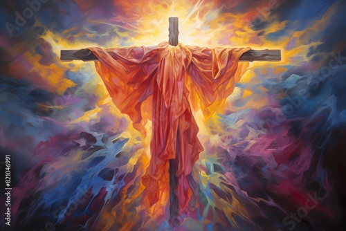 A radiant painting of a wooden cross draped with a flowing cloth, surrounded by vibrant colors and glowing light The artwork uses a rich palette and dynamic brushstrokes to convey the spiritual rebirt