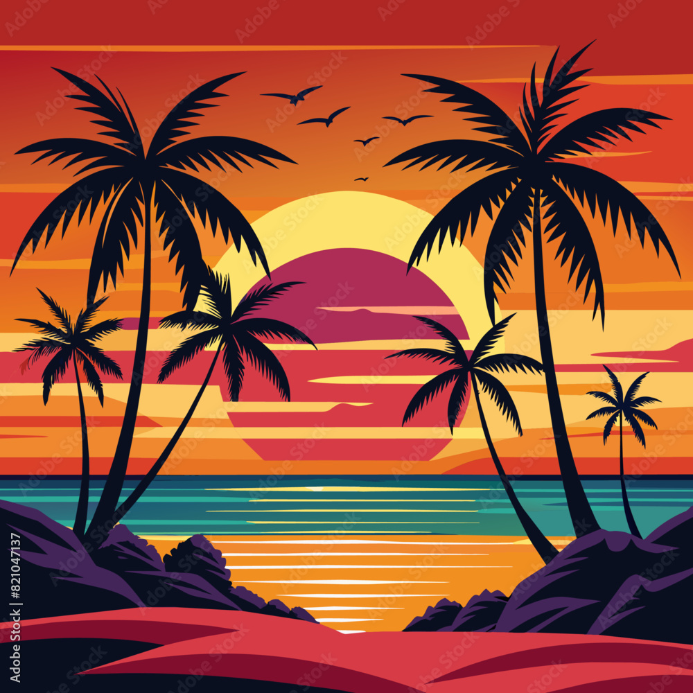 Radiant beach sunsets with palm silhouettes for travel and leisure themes.