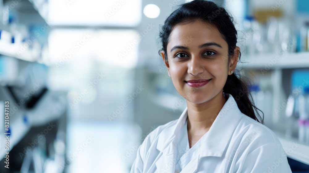 A woman in a white lab coat is smiling for the camera. She is wearing a lab coat and has a serious expression on her face. Indian Female Biotechnologist smiling at the camera, Women feminism female A woman in a white lab coat is smiling for the camera. She is wearing a lab coat and has a serious expression on her face. Indian Female Biotechnologist smiling at the camera, Women feminism female