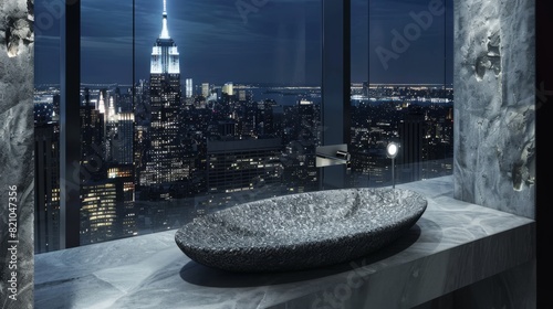 Grey granite oval bathroom vanity sink with wall faucet in a futuristic bathroom in an house in new-york with night view on sky scraper