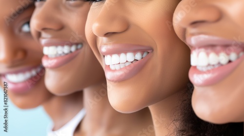 Pretty smile of four beautiful diverse women in a row for dentist practice advertising campaign