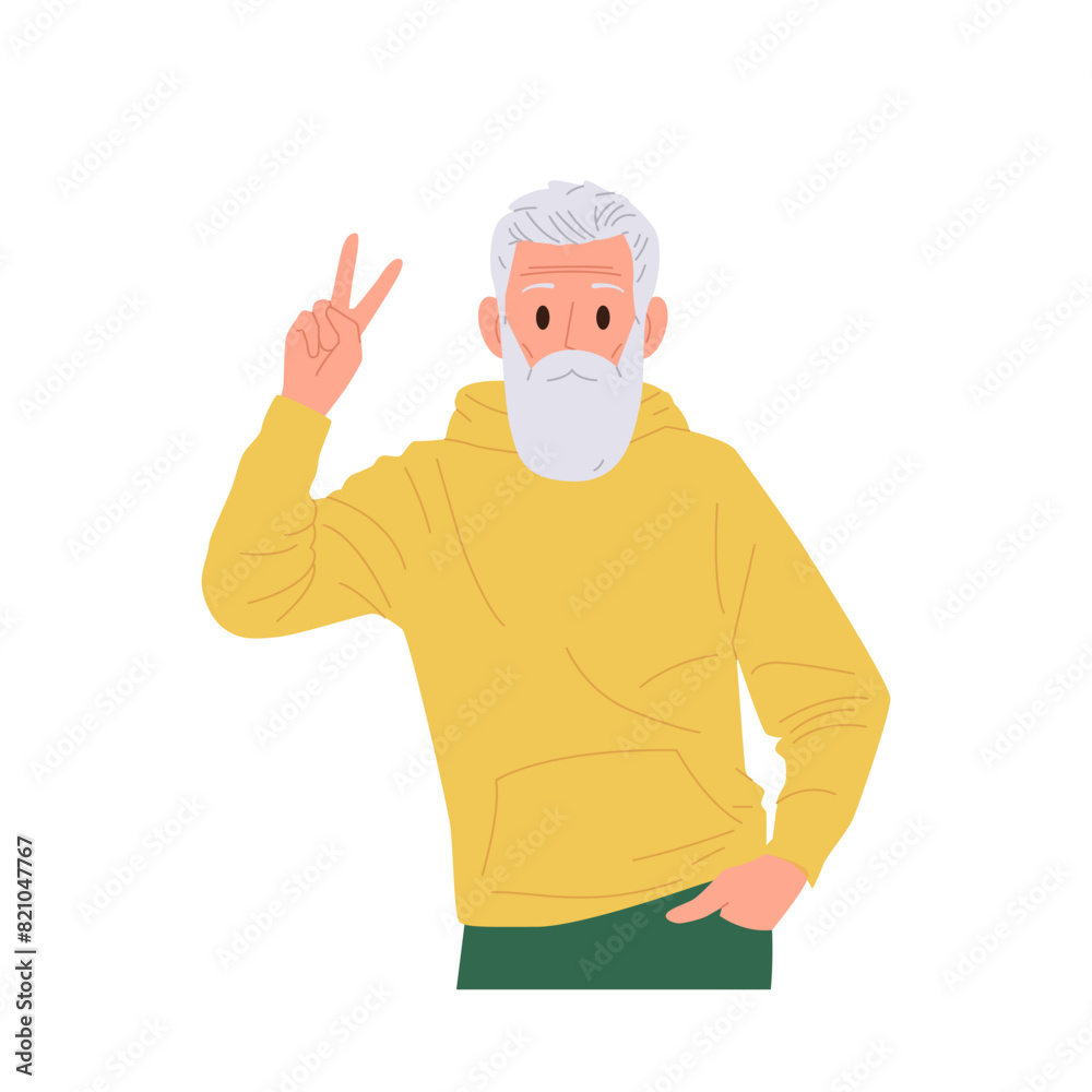 Casual stylish confident senior man isolated cartoon character gesturing victory or peace v-sign