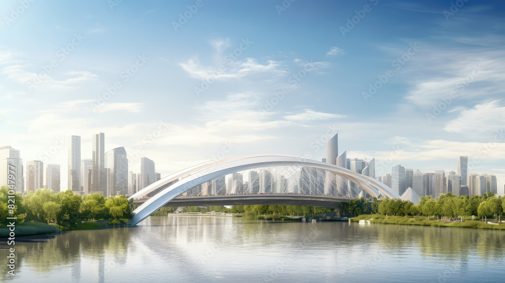 Naklejka premium Serene City Life: Modern Bridge Over Tranquil Waters