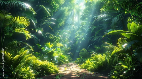 Tropical Forest Background  Bushes and undergrowth in a tropical forest  with sunlight filtering through the dense foliage  creating a serene and tranquil scene. Illustration image 