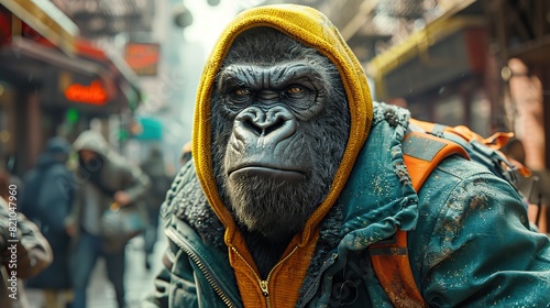 A stylish anthropomorphic gorilla, clad in a vibrant green hoodie and eye-catching orange sneakers, strolls confidently through the bustling urban landscape.illustration stock image