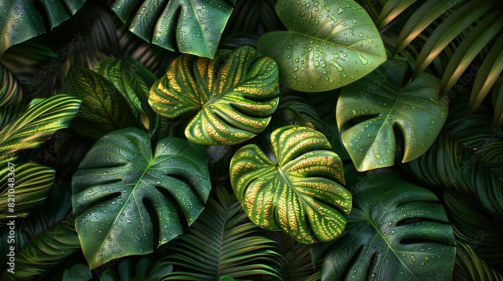 Fototapeta premium Tropical Forest Background, Close-up of tropical leaves with intricate patterns and textures, glistening with morning dew in the humid forest environment. Illustration image,