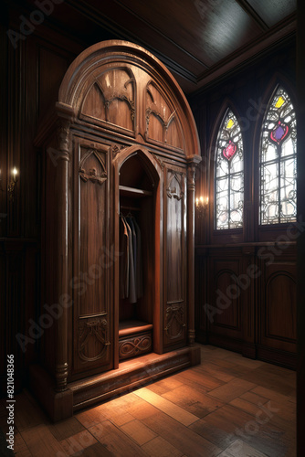 Wardrobe interior in Gothic style in a castle.