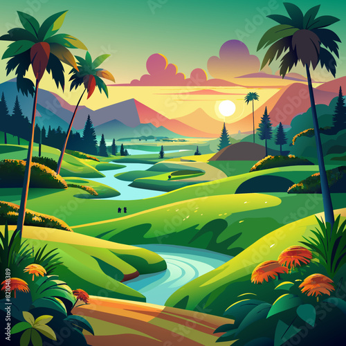 Lush, green golf courses at dawn with vibrant, natural colors.