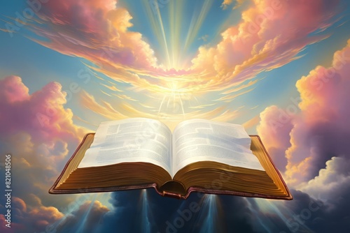 A mesmerizing painting of an open Bible with a glowing cross above it, surrounded by radiant light and ethereal clouds The artwork uses a vibrant color palette with luminous hues, creating a divine an