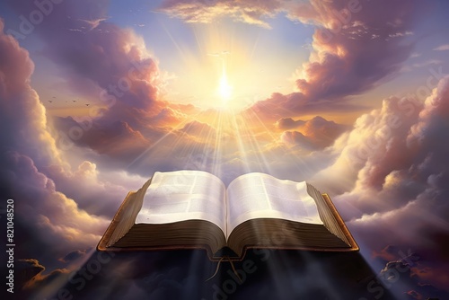 A mesmerizing painting of an open Bible with a glowing cross above it, surrounded by radiant light and ethereal clouds The artwork uses a vibrant color palette with luminous hues, creating a divine an