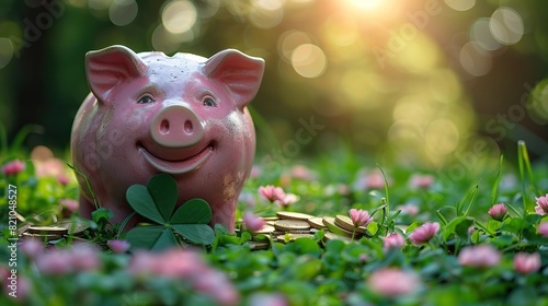 A piggy bank adorned with a beaming pink pig sits beside gold coins and a protruding four-leaf clover, symbolizing financial success and prudent savings.illustration stock image
