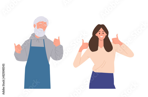 Senior man and young woman characters gesturing like okay thumbsup hand sign expressing agreement