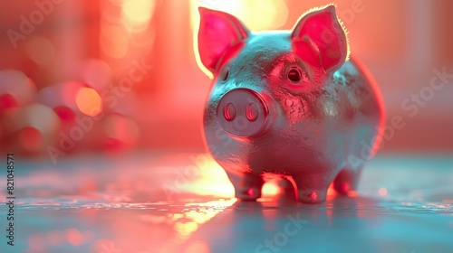 A lonesome piggy bank, adorned in rosy hues, rests upon a backdrop of azure..stock image photo