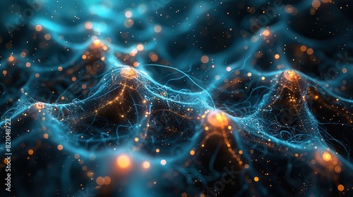 Cybernetic data networks intertwine amidst an ethereal canvas of cyan and teal, guiding global connections through a web of interconnected artificial neurons..illustration