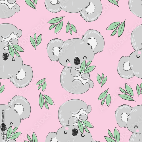 Seamless pattern with hand drawn cute koala pink background vector © Alsu Art