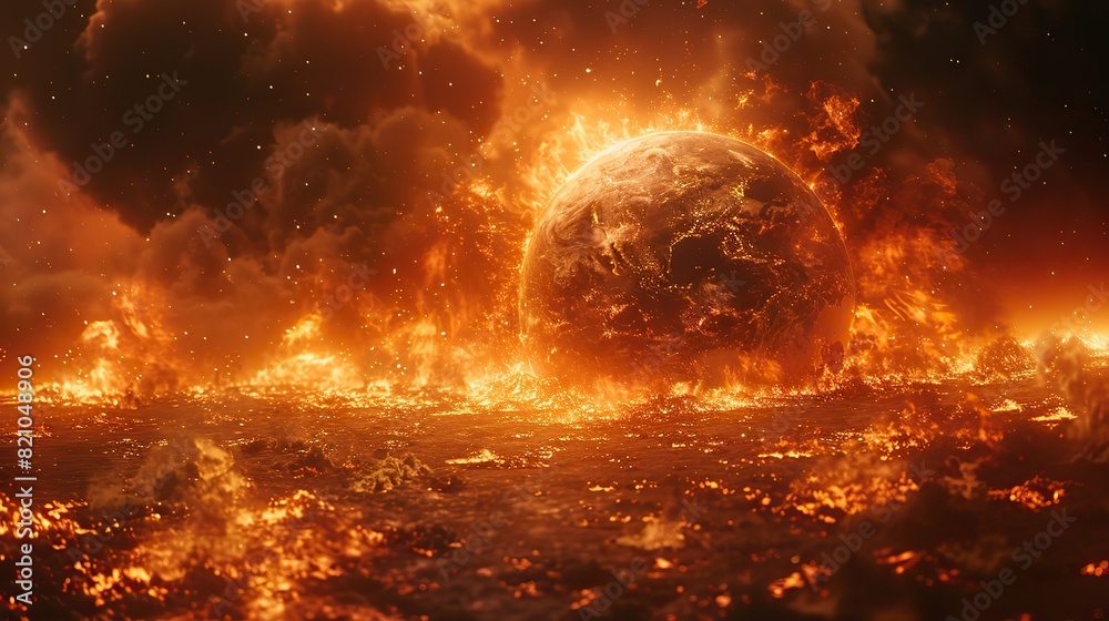 A charred Earth globe, consumed by flames and crumbling into