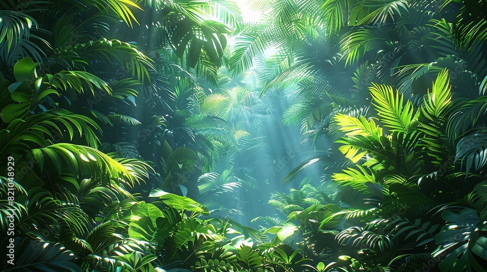 Tropical Forest Background, Detailed shot of tropical leaves and undergrowth, with sunlight filtering through the canopy, casting dappled light on the forest floor. Illustration image, Tropical Forest Background, Detailed shot of tropical leaves and undergrowth, with sunlight filtering through the canopy, casting dappled light on the forest floor. Illustration image,