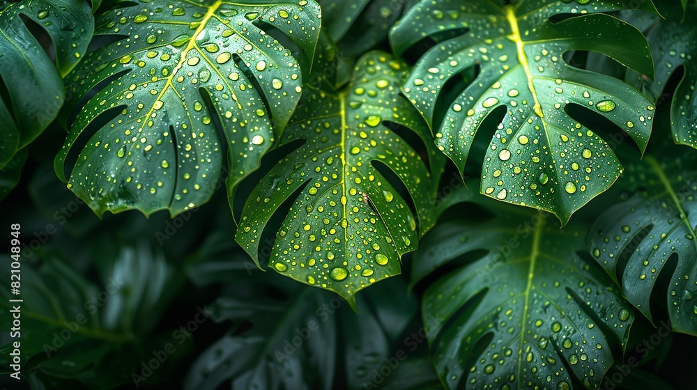Tropical Forest Background, Detailed view of tropical leaves with water droplets, highlighting the lush and humid conditions of the forest. Illustration image, Tropical Forest Background, Detailed view of tropical leaves with water droplets, highlighting the lush and humid conditions of the forest. Illustration image,