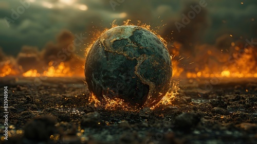 Global warming's devastation is epitomized by the collapsing, fire-ravaged Earth globe, a poignant reminder of the catastrophic consequences of excessive exploitation.stock image