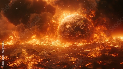 A charred Earth globe, consumed by flames and crumbling into incandescent embers, serves as a poignant allegory for the devastation wrought by global warming upon our planet..stock photo