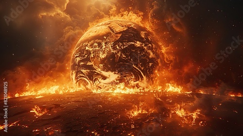 A charred Earth globe  consumed by flames and crumbling into incandescent embers  serves as a poignant allegory for the devastation wrought by global warming upon our planet..stock photo