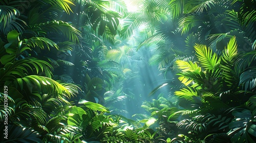Tropical Forest Background  Detailed shot of tropical leaves and undergrowth  with sunlight filtering through the canopy  casting dappled light on the forest floor. Illustration image 