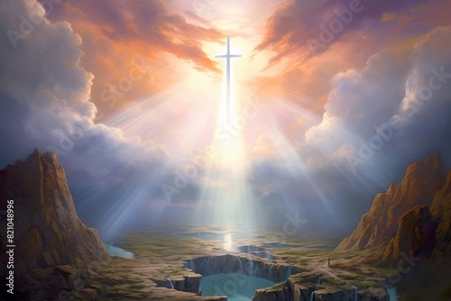 A heavenly scene with an open Bible and a glowing cross, bathed in divine light The painting uses a serene color palette and soft brushstrokes to create a peaceful and sacred atmosphere The setting in