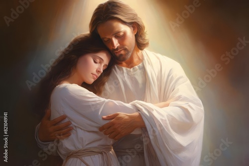 A serene painting of Jesus holding a woman in a compassionate embrace, surrounded by a soft, ethereal light The artwork uses a warm and gentle color palette to emphasize the themes of divine compassio photo