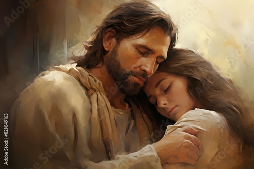 An illustration of Jesus offering comfort to a woman in his arms, symbolizing divine compassion and solace The painting uses gentle, warm colors and a soothing light to convey a sense of peace and rea photo