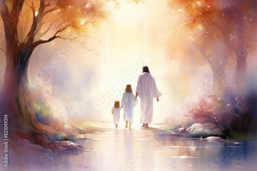 A mystical watercolor painting of Jesus and a child walking through a dreamlike, heavenly realm The scene is filled with soft, pastel colors and luminous light, creating a sense of wonder and divine p