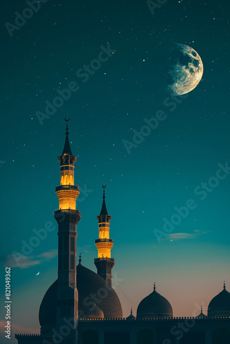 A high quality professional photo of a Glowing mosque under a starry night sky, night photography, long exposure, vibrant colors, breathtaking, majestic architecture, illuminated, spiritual Holy View