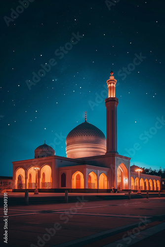 A high quality professional photo of a Glowing mosque under a starry night sky, night photography, long exposure, vibrant colors, breathtaking, majestic architecture, illuminated, spiritual Holy View