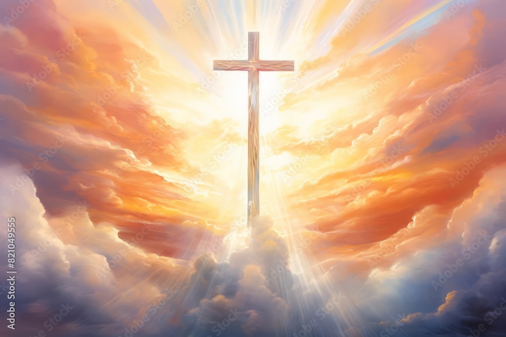 Fototapeta premium A painting depicting a cross illuminated by a sacred light, symbolizing divine presence and holiness The artwork features a soft, glowing color palette and smooth brushstrokes, creating a serene and u