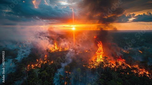 Unrestrained deforestation of pristine forests through fire and logging exacerbates environmental degradation  fueling climate change and intensifying global warming trends..stock image