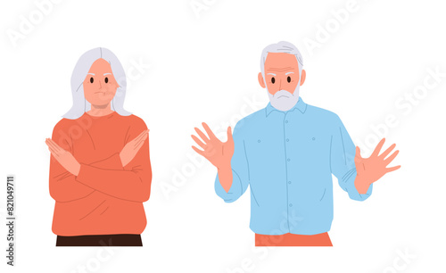 Senior man and elderly woman isolated cartoon character gesturing stop feeling negative emotions