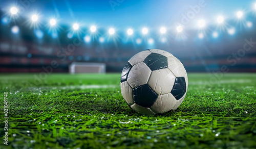Balón de Fútbol en el Campo del Estadio con Reflector y Portería: Fondo Perfecto para Diseño