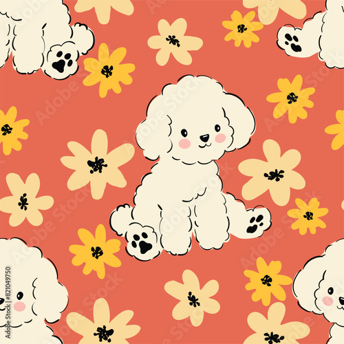 Seamless pattern cute poodle puppy and flowers, vector illustration kids trend print textile design