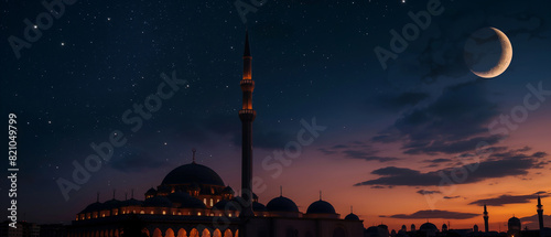 A high quality professional photo of a Glowing mosque under a starry night sky, night photography, long exposure, vibrant colors, breathtaking, majestic architecture, illuminated, spiritual Holy View
