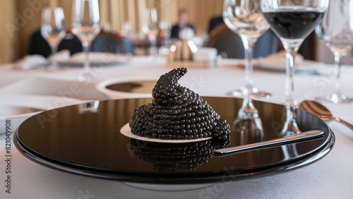expensive Beluga caviar served in fancy dish, high-end restaurant, luxury, professional commercial product photography photo