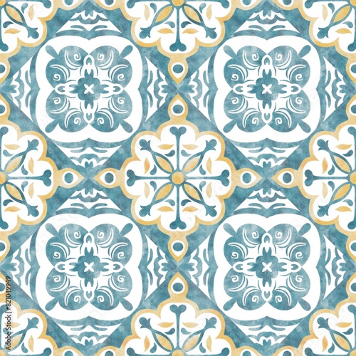Blue and yellow Azulejos tiles. Traditional Portuguese Mosaic, Spanish Majolica tile decoration. Patchwork print for wallpaper design. Watercolor artwork, antique tileable ceramics.