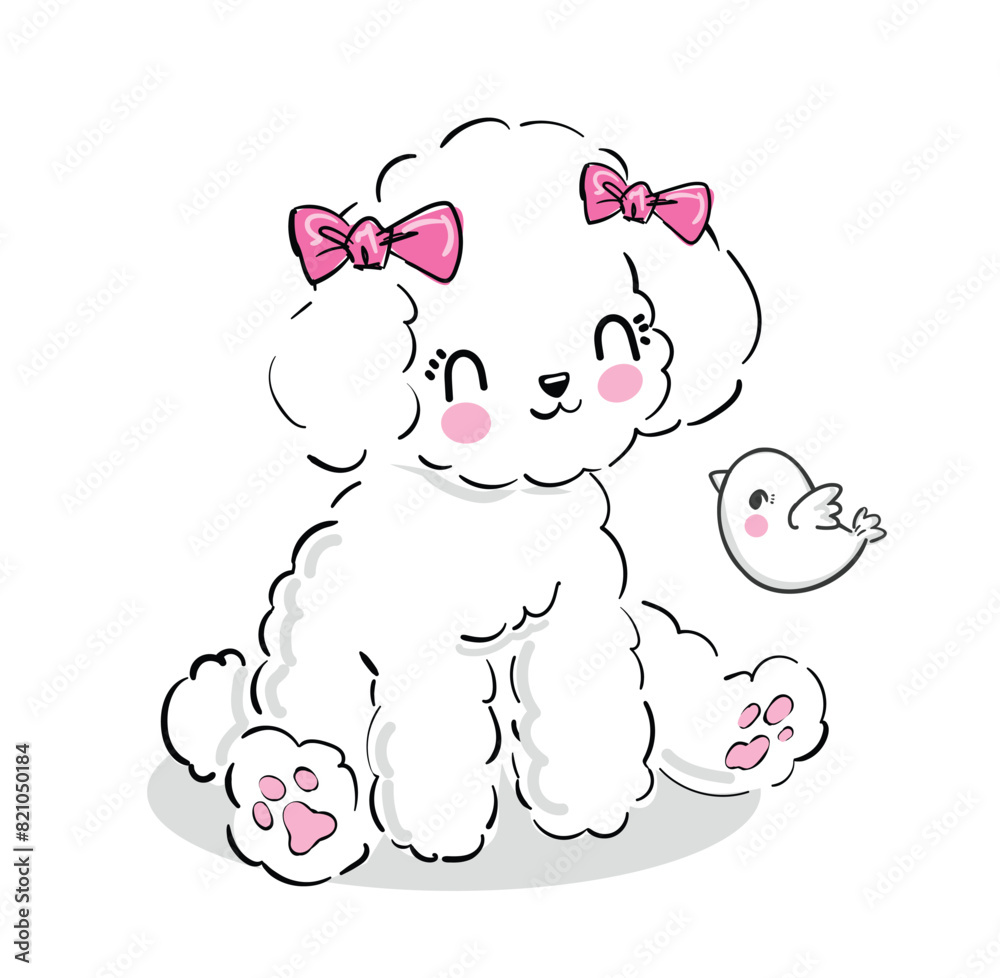 Fototapeta premium Hand Drawn Cute puppy dog and bow vector illustration. Kids t-shirt print, kids wear fashion design, baby shower invitation card.